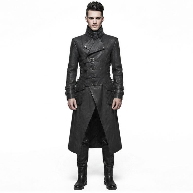 May include: A long black coat featuring a high collar with a buckle strap, a double-breasted front closure with multiple horizontal buckle straps, long sleeves with buckled cuffs, and two large side pockets, all crafted in a dark, textured material.