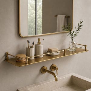 May include: A wall-mounted brass bathroom shelf with a protective rail, holding a round wooden brush, a ribbed ceramic toothbrush holder with two brushes, a stone soap dispenser, a bar of soap on a dish, and a glass vase with green sprigs.