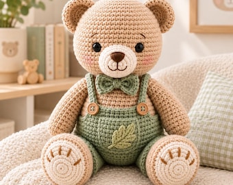 Crochet Teddy Bear Pattern PDF Amigurumi Bear in Overalls Cute Stuffed Animal Toy Tutorial