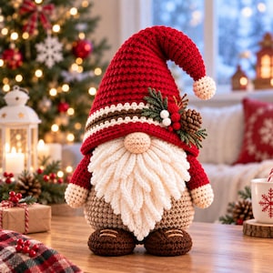 May include: A crocheted gnome figurine featuring a tall red hat with a white pom-pom, a thick white beard, a beige body, and dark brown shoes. The hat is decorated with green pine needles, small red berries, white berries, and a brown pinecone.