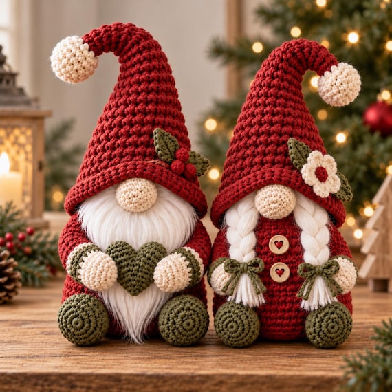 Christmas Gnome Couple Crochet Pattern PDF: Male & Female Amigurumi Shelf Sitters