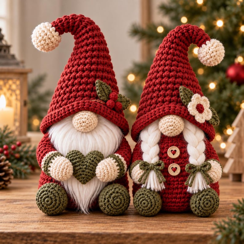 Three handmade crochet Christmas gnome ornaments displayed together, featuring a green Pine Gnome and two red Christmas gnomes with tall pointed hats, fluffy cream beards, round noses, crocheted textured bodies, decorative berries and festive details in a cozy holiday setting.