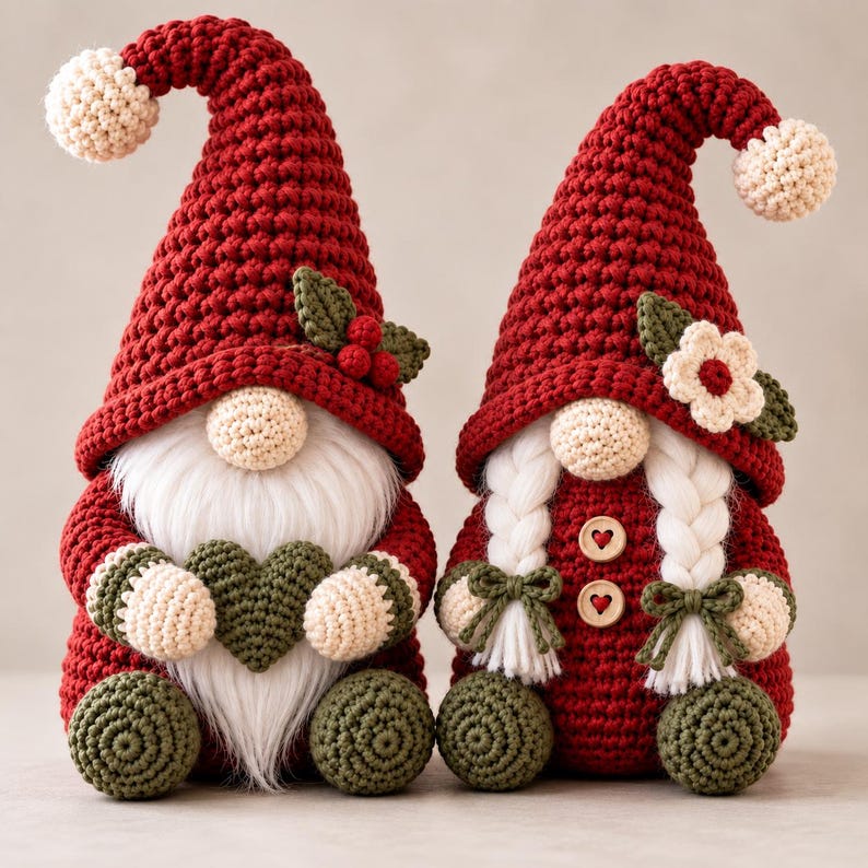 two handmade crochet Christmas gnome ornaments displayed side by side, including green and red gnomes with tall pointed hats, cream fluffy beards, round noses, crocheted textured bodies, green accents and festive decorative details, creating a charming Christmas collection.