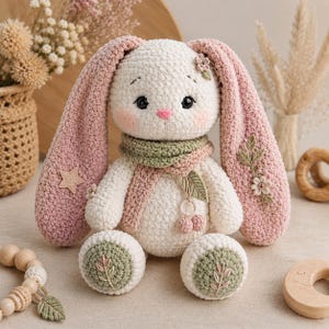 Bunny Crochet Pattern PDF – Amigurumi Floppy Ear Bunny with Scarf & Flowers, Intermediate Level, 11-12" Finished Size, Digital Download