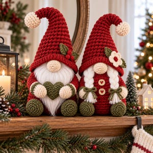 Three handmade crochet Christmas gnome ornaments arranged on a decorated Christmas mantel, featuring tall pointed red and green hats, cream fluffy beards, round noses, textured crocheted bodies and festive holiday greenery in a warm cozy home setting.
