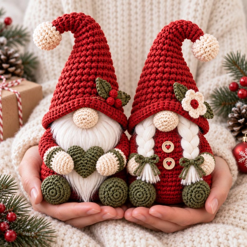 Two handmade crochet Christmas gnome ornaments being held in hands, featuring tall red pointed hats with cream pom-poms, fluffy cream beards, round noses, textured crochet bodies and festive green and red decorative details, showcasing the handcrafted ornament design.