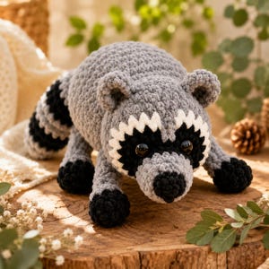 May include: A crocheted raccoon plush toy featuring a round grey body, a striped tail, and black paws. The face has white fur detailing around black eye patches, shiny black plastic eyes, and a small black nose, all crafted with soft yarn.