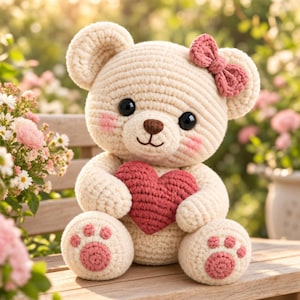 May include: A cream-coloured crocheted teddy bear featuring a dark brown nose, black eyes, and pink blush on the cheeks. The bear has a pink crocheted bow on its head and holds a textured red heart. The feet pads are pink with three small circles.