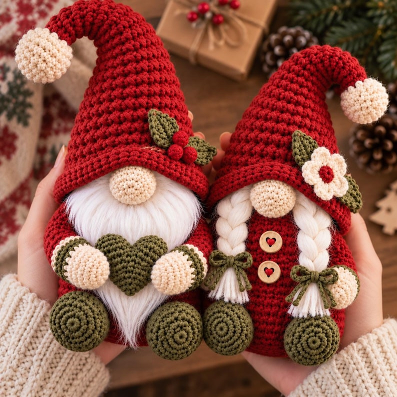 Close-up lifestyle view of three handmade crochet Christmas gnome ornaments held together, showing tall red and green pointed hats, cream pom-poms, fluffy beards, round noses, textured crochet stitches and festive decorative accents in a warm Christmas setting.