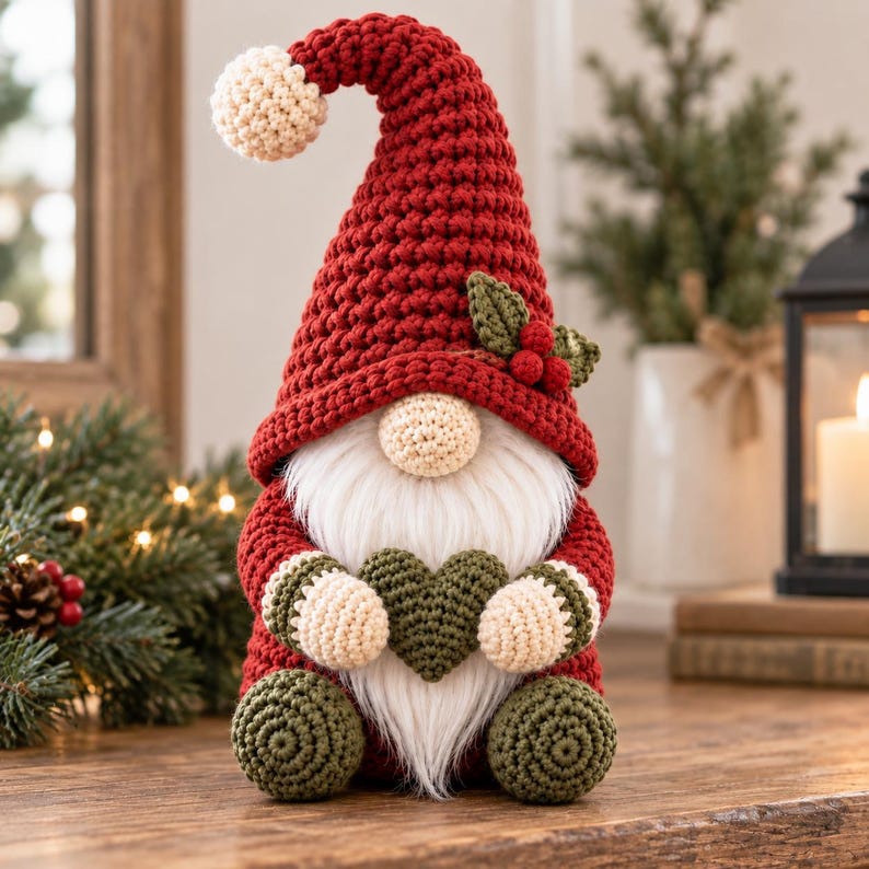 Handmade crochet Christmas gnome ornament with a tall pointed green hat, cream pom-pom, fluffy cream beard, round peach-colored nose and textured crocheted body, displayed beside Christmas greenery and warm holiday decorations.