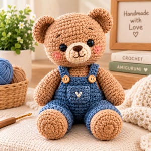 May include: A crocheted teddy bear with light brown yarn, wearing blue overalls with two wooden buttons and a small white embroidered heart on the front pocket. The bear has black safety eyes, a dark brown stitched nose, and pink blush cheeks.