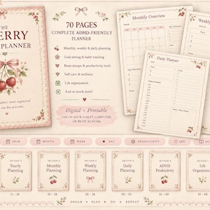 ADHD-friendly Cherry Planner | Printable Planner | Undated Digital Planner | Daily Weekly Monthly Planner |  Productivity & Self Care