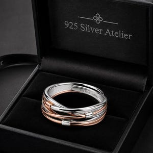 925 Sterling Silver Ring, Rose Gold Two Tone Ring, Handmade Wrap Ring, Multi Band Ring, Modern Statement Jewelry, Gift for Her
