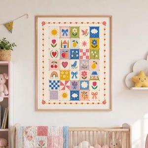 Peut inclure: Une affiche murale rectangulaire présentant une grille de trente-cinq carrés colorés, chacun affichant une icône unique telle qu'un soleil, un cœur, un arc-en-ciel, une fleur ou un fruit, le tout entouré d'une bordure de petits cœurs rouges.