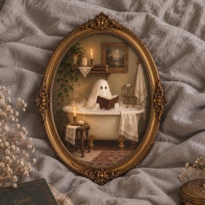 May include: An oval-shaped ornate gold frame containing a print of a ghost sitting in a clawfoot bathtub filled with bubbles while reading a book. The scene includes a candle, a small side table, a towel, and a framed landscape painting on the wall.