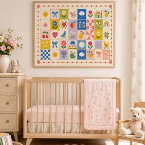 Vintage Colorful Patchwork Quilt Nursery Wall Art, Whimsical Folk Art Print