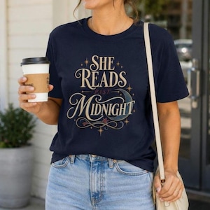 She Reads Past Midnight Shirt, Book Lover Tee, Celestial Reading Shirt