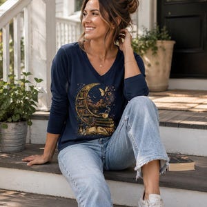 Moon Library V-Neck — Celestial Bookish Long Sleeve for Readers