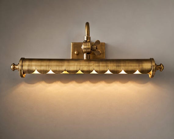 Antique Brass Picture Light | Scalloped Mirror Vanity Sconce, Artwork Illumination