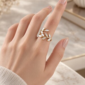 Gold Leaf Adjustable Ring, White Shell Leaf, Nature Inspired Botanical Jewelry