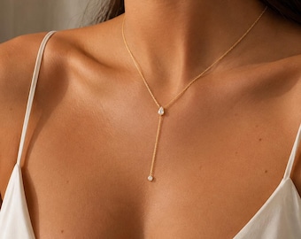 Gold Teardrop Lariat Necklace, Pear Cubic Zirconia, Minimalist Y Drop Chain