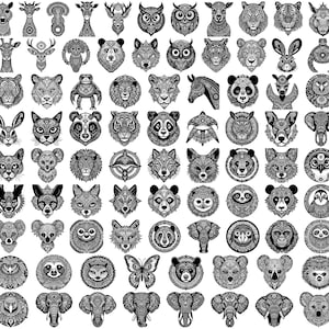 May include: A collection of black and white line art illustrations featuring various animal heads and a butterfly. The designs include detailed patterns such as mandalas, geometric shapes, and floral motifs arranged in a grid on a white background.