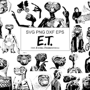 Könnte beinhalten: Eine Sammlung von schwarz-weißen digitalen Illustrationen, die die Figur E.T. der Außerirdische in verschiedenen Posen zeigen, darunter auf einem Fahrrad und mit einer Perücke. Der mittlere Text lautet SVG PNG DXF EPS E.T. THE EXTRA-TERRESTRIAL.