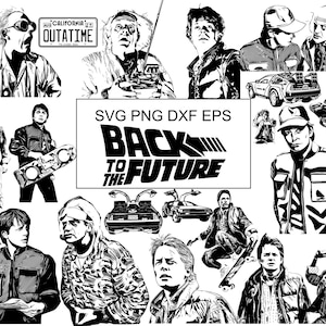 May include: A collection of black and white digital illustrations featuring characters and the DeLorean car from Back to the Future, including the California OUTATIME license plate and the text SVG PNG DXF EPS Back to the Future in the center.