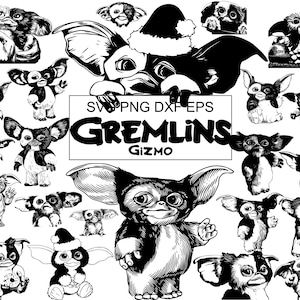 May include: A collection of black and white digital illustrations featuring the character Gizmo from Gremlins in various poses and expressions. The central text reads SVG PNG DXF EPS GREMLINS GIZMO, showcasing multiple graphic designs.