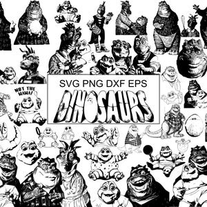 May include: A collection of black and white illustrations featuring various dinosaur characters in different poses and expressions. The central text reads SVG PNG DXF EPS DINOSAURS. The images depict anthropomorphic reptiles, some wearing clothing, holding objects, or interacting with each other.