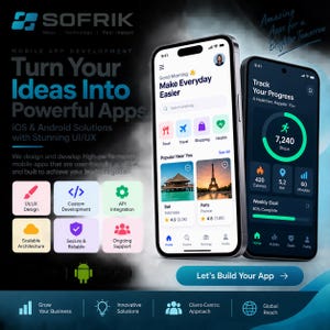 Peut inclure: Deux smartphones affichant des interfaces d'applications mobiles avec des th&egrave;mes sombres. L'&eacute;cran de gauche montre un tableau de bord de voyage, tandis que l'&eacute;cran de droite affiche des donn&eacute;es de fitness. Texte incluant SOFRIK et Turn Your Ideas.
