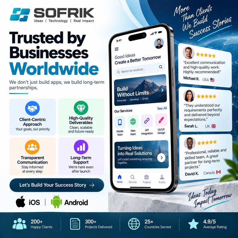 Peut inclure: Un graphique promotionnel pour Sofrik pr&eacute;sentant un smartphone affichant une interface d'application mobile avec du texte incluant Trusted by Businesses Worldwide, Good Ideas Create a Better Tomorrow et des t&eacute;moignages clients.