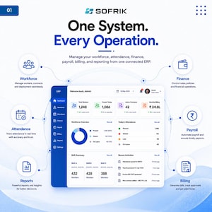 May include: A digital dashboard interface for the SOFRIK ERP system, displaying metrics for workforce, attendance, finance, payroll, billing, and reporting. The layout includes a sidebar menu, data cards, a pie chart, and a list of recent activities.