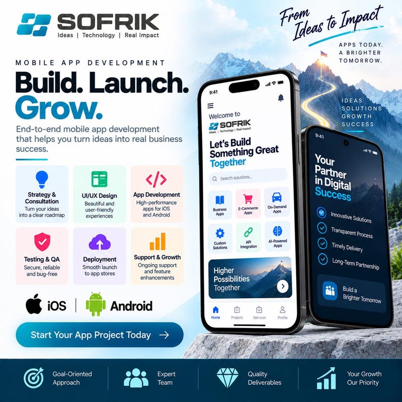 Peut inclure: Un graphique promotionnel pour les services de d&eacute;veloppement d'applications mobiles Sofrik montrant deux smartphones avec des interfaces. Le texte inclut Build, Launch, Grow, From Ideas to Impact et liste des services comme Strategy et UI/UX.