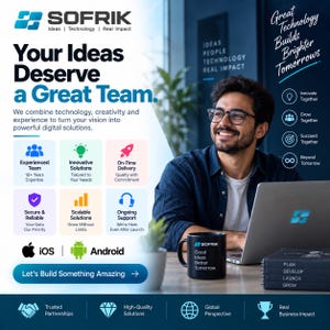 Peut inclure: Un graphique promotionnel pour SOFRIK montrant une personne souriante avec des lunettes devant un ordinateur portable. Le texte inclut 'Your Ideas Deserve a Great Team', 'Great Technology Builds Brighter Tomorrows' et des ic&ocirc;nes de services.