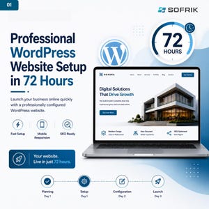 May include: A digital advertisement for professional WordPress website setup services in 72 hours. The graphic features a laptop displaying a business website, the WordPress logo, and text detailing a three-day process of planning, setup, configuration, and launch.