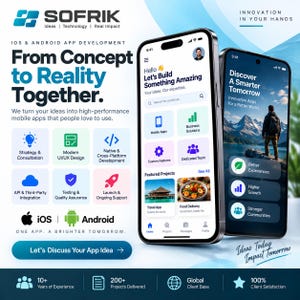 Peut inclure: Deux smartphones affichant des interfaces d'applications avec du texte incluant SOFRIK, From Concept to Reality Together et Discover A Smarter Tomorrow. Les &eacute;crans pr&eacute;sentent des ic&ocirc;nes pour les applications mobiles, les solutions m&eacute;tier et des projets.
