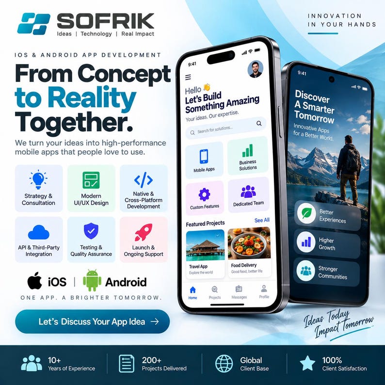 Peut inclure: Deux smartphones affichant des interfaces d'applications avec du texte incluant SOFRIK, From Concept to Reality Together et Discover A Smarter Tomorrow. Les &eacute;crans pr&eacute;sentent des ic&ocirc;nes pour les applications mobiles, les solutions m&eacute;tier et des projets.
