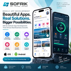 Peut inclure: Deux smartphones affichant des interfaces d'applications mobiles avec des ic&ocirc;nes color&eacute;es, des barres de navigation et des graphiques. L'arri&egrave;re-plan pr&eacute;sente du texte incluant SOFRIK, Mobile App Development, Beautiful Apps, Real Solutions, Bigger Possibilities et les logos iOS et Android.