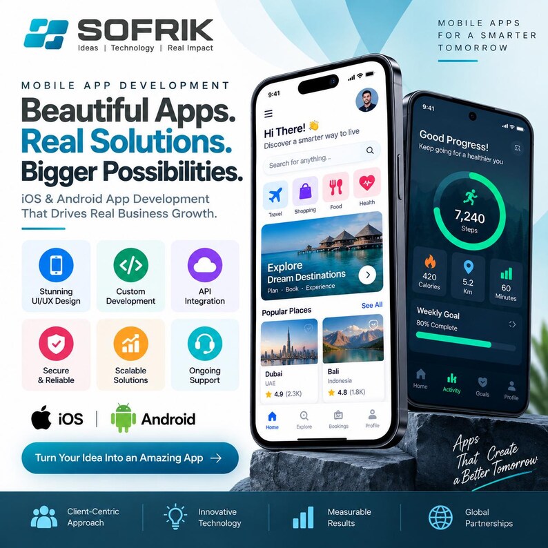 Peut inclure: Deux smartphones affichant des interfaces d'applications mobiles avec des ic&ocirc;nes color&eacute;es, des barres de navigation et des graphiques. L'arri&egrave;re-plan pr&eacute;sente du texte incluant SOFRIK, Mobile App Development, Beautiful Apps, Real Solutions, Bigger Possibilities et les logos iOS et Android.