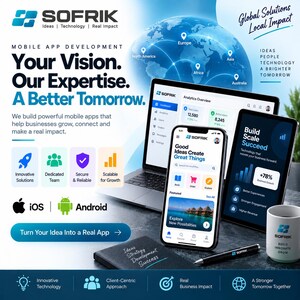 Peut inclure: Un graphique promotionnel pour le d&eacute;veloppement d'applications mobiles Sofrik avec un ordinateur portable, une tablette et un smartphone affichant des interfaces logicielles. L'image inclut un globe, des ic&ocirc;nes iOS et Android, un mug, un carnet et un stylo.