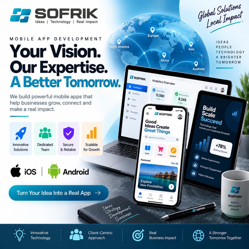 Peut inclure: Un graphique promotionnel pour le d&eacute;veloppement d'applications mobiles Sofrik avec un ordinateur portable, une tablette et un smartphone affichant des interfaces logicielles. L'image inclut un globe, des ic&ocirc;nes iOS et Android, un mug, un carnet et un stylo.
