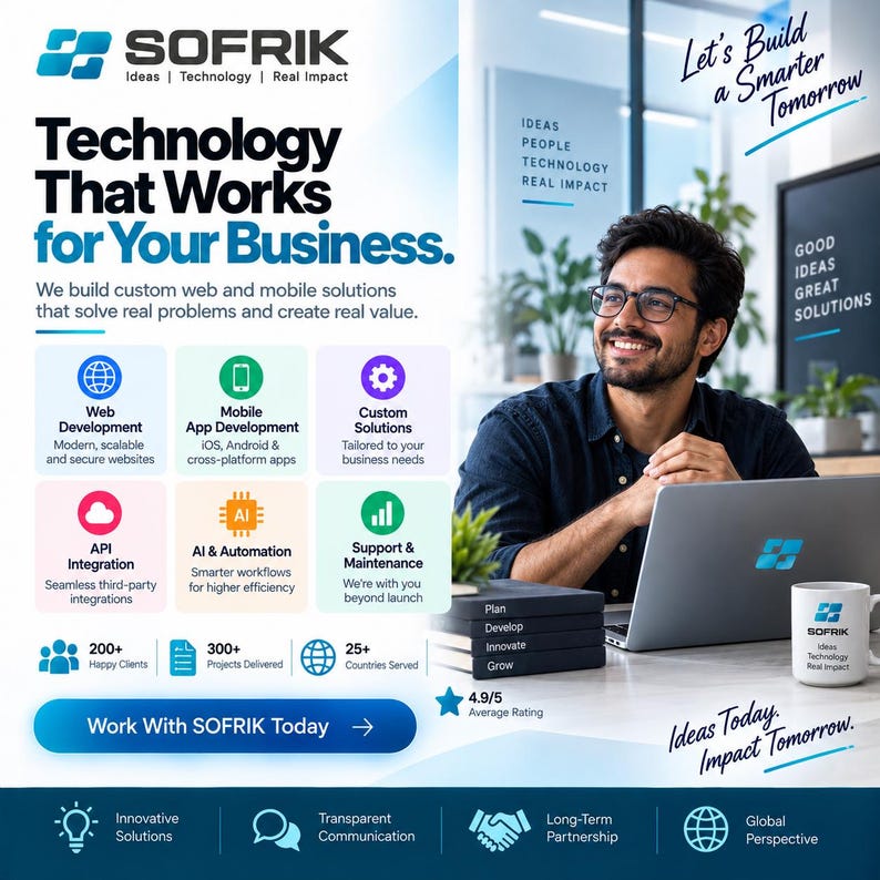 Peut inclure: Un graphique promotionnel pour SOFRIK avec le texte Technology That Works for Your Business. Il liste des services incluant le d&eacute;veloppement web et mobile, des solutions personnalis&eacute;es, l'int&eacute;gration API, l'IA et le support technique.