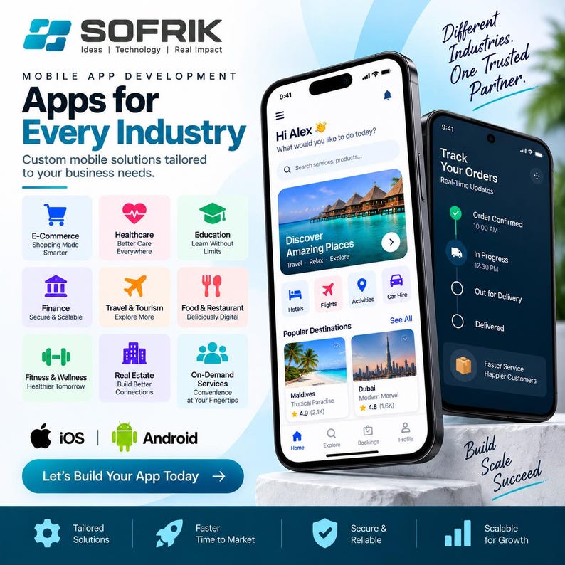 Peut inclure: Deux smartphones affichant des interfaces d'applications mobiles pour divers secteurs comme le commerce &eacute;lectronique, la sant&eacute; et le voyage. Le graphique pr&eacute;sente le logo SOFRIK, le texte Apps for Every Industry et des ic&ocirc;nes iOS et Android.