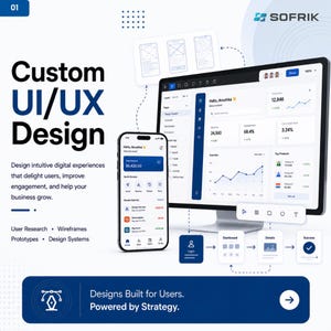 Könnte beinhalten: Eine digitale Marketinggrafik für Custom UI/UX Design von SOFRIK mit einem Computermonitor und einem Smartphone, die App-Oberflächen, Daten-Dashboards und Flussdiagramme zeigen, mit dem Text Designs Built for Users. Powered by Strategy.