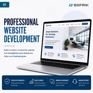 Puede incluir: Un portátil que muestra un sitio web con el texto Professional Website Development, Smart Solutions For Growing Businesses y NextBiz. La sección inferior presenta iconos y texto para Trusted By Businesses, Results Driven, Modern & Responsive y Ongoing Support.