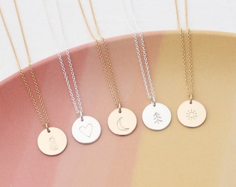 Gold 1/2" Disc Necklace - Silver Disc Necklace - Stamped with a Symbol  - Choose from Heart, Rainbow, Sunshine, Paw, Mountain, Pineapple