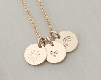 Dainty Disc Necklace in Gold or Silver - Personalized Three Disc Necklace - Choose from Heart, Rainbow, Sunshine, Paw, Ocean Wave, Mountain