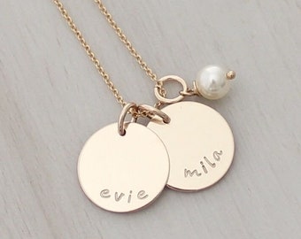 Gold Name Necklace - Silver Name Necklace - Two 5/8" Personalized Discs - Mother's Necklace - Gift for Mom - Mom Necklace