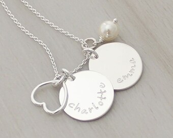 Two Name Necklace - Kids Name Necklace - Mom Necklace - Gift for Mom - Personalized 5/8" Discs - Custom Hand Stamped Necklace